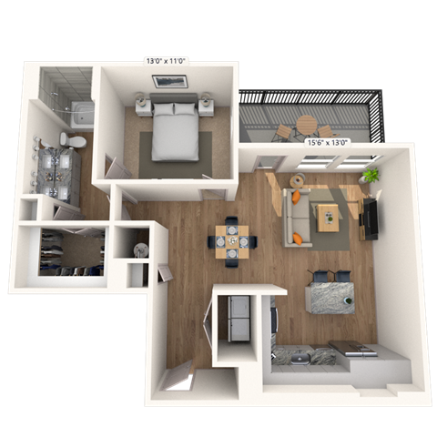 Floor plan for 1 bed, 1 bath, 902 sqft